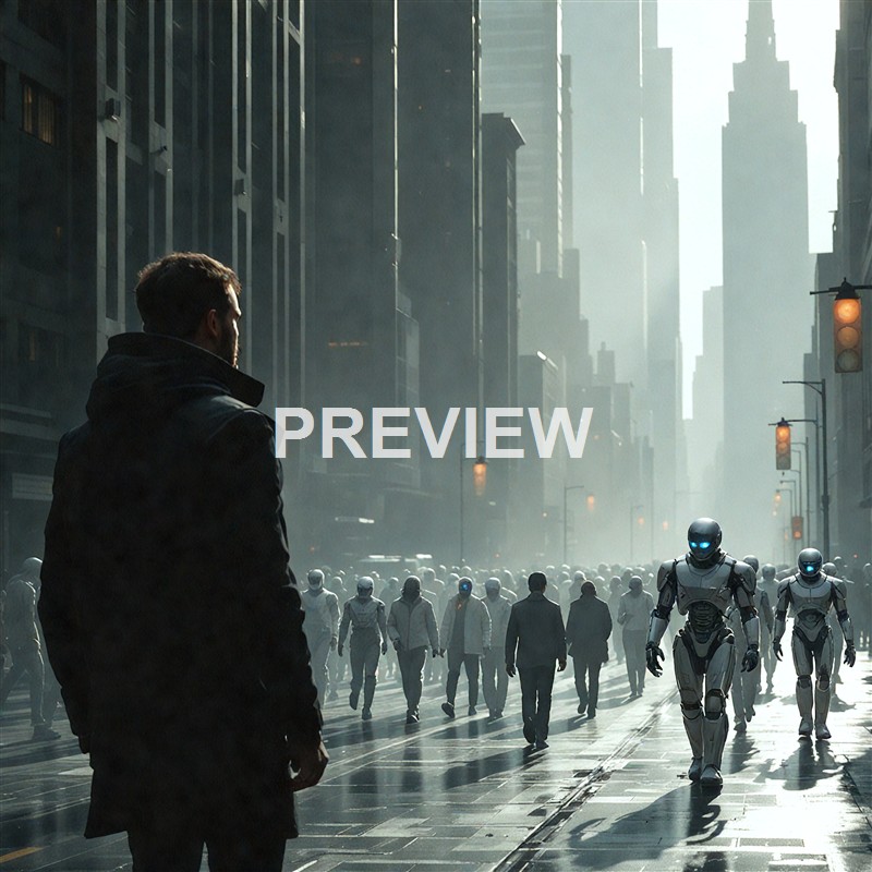 A man stands on a city street observing a group of humanoid robots walking among pedestrians amidst tall skyscrapers and a misty atmosphere.